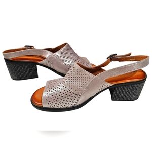 BONAVI Leather Perforated Silver Sling Back Block Heeled Sandal.Size US 7.5